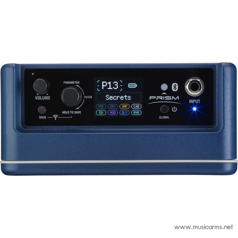 Blue Prism portable music device with a small LCD screen displaying 'Secrets' and two knobs labeled Volume and Patch, plus input jack on the right. ขายราคาพิเศษ