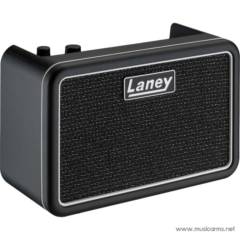 Close-up of a black Laney portable guitar amplifier with a mesh grille and silver trim. ขายราคาพิเศษ