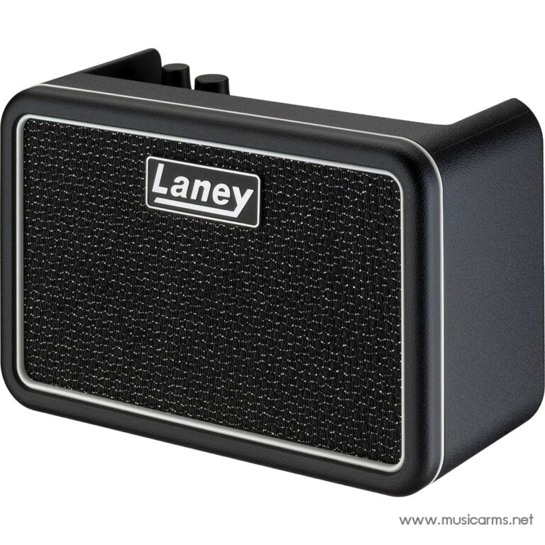 Laney compact guitar amplifier speaker with black grille, silver trim, and control knobs on top railing view ขายราคาพิเศษ