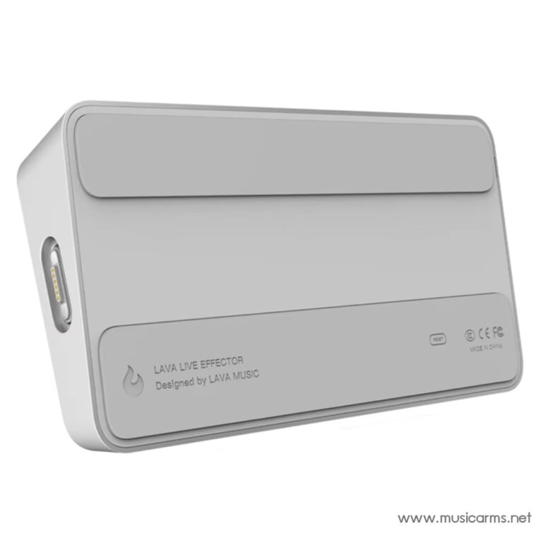 Rear view of a white Lava Live Effector guitar effects unit with rounded edges and subtle branding: 'LAVA LIVE EFFECTOR' and 'Designed by LAVA MUSIC' visible on the back panel. ขายราคาพิเศษ