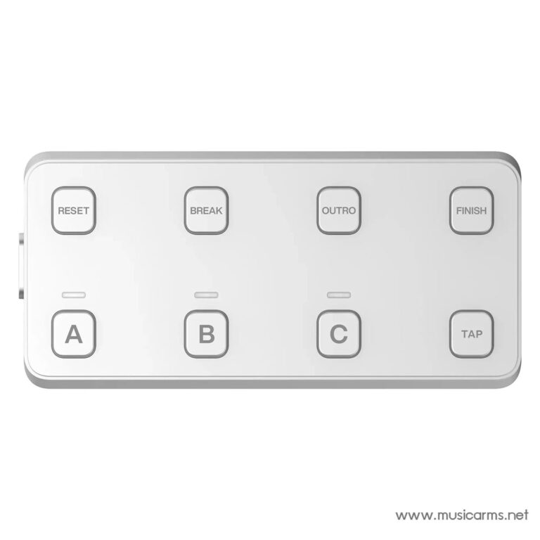 White rectangular music pedal controller with eight labeled buttons (RESET, BREAK, OUTRO, FINISH on top row; A, B, C, TAP on bottom row) and a small logo www.musicarms.net. ขายราคาพิเศษ