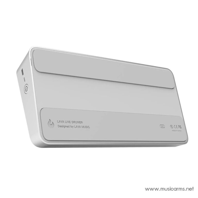 Back view of a white Lava Live Drumer portable music device with rounded edges, showing a side power button and branding text. ขายราคาพิเศษ
