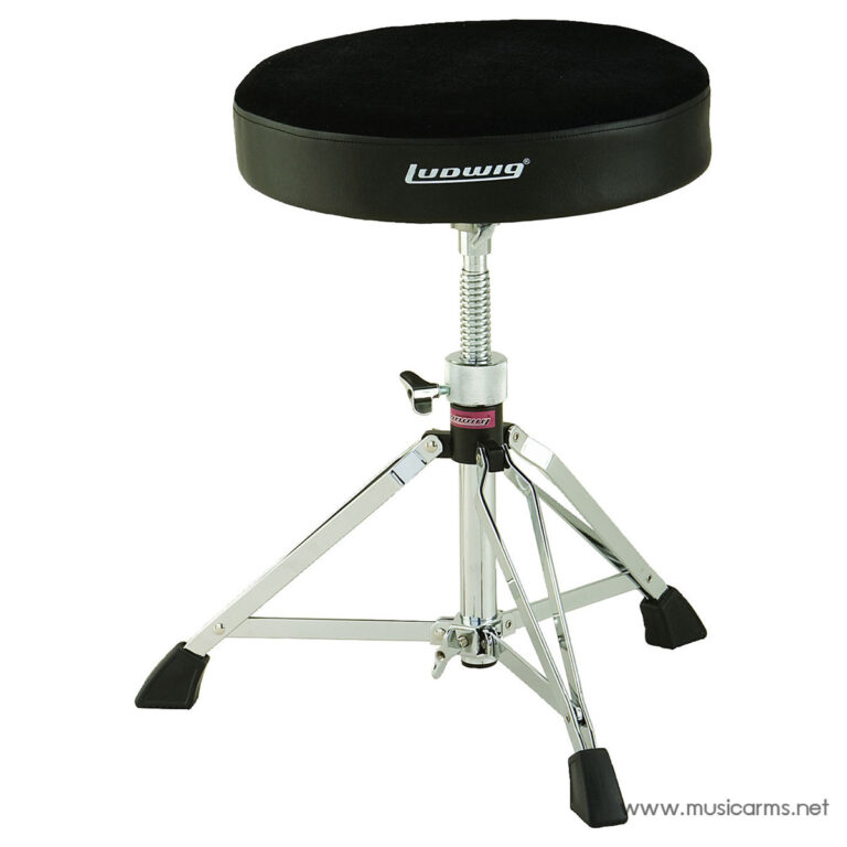 Round black circular drum throne seat labeled Ludwig on a chrome adjustable stand with three folding legs and rubber feet ขายราคาพิเศษ