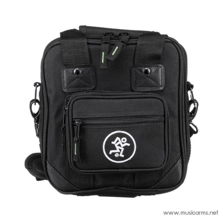 Small black compact shoulder bag with a front zip pocket and sturdy straps, showing a white circular logo on the pocket. ขายราคาพิเศษ
