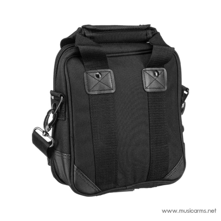 Small black camera bag with two carrying handles and a detachable shoulder strap, shown from the side with reinforced stitching and padded sides for gear protection. ขายราคาพิเศษ