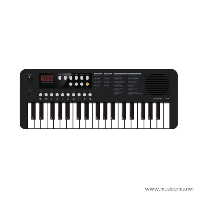 Black electronic keyboard/synthesizer with many knobs and a small red digital display on the front panel, keyboard keys visible along the bottom edge ขายราคาพิเศษ