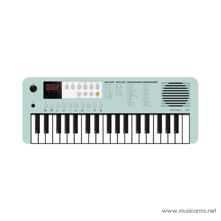 Turquoise MedeLi MK1 electronic keyboard with control panel, display, and built-in speaker on the right side. ขายราคาพิเศษ