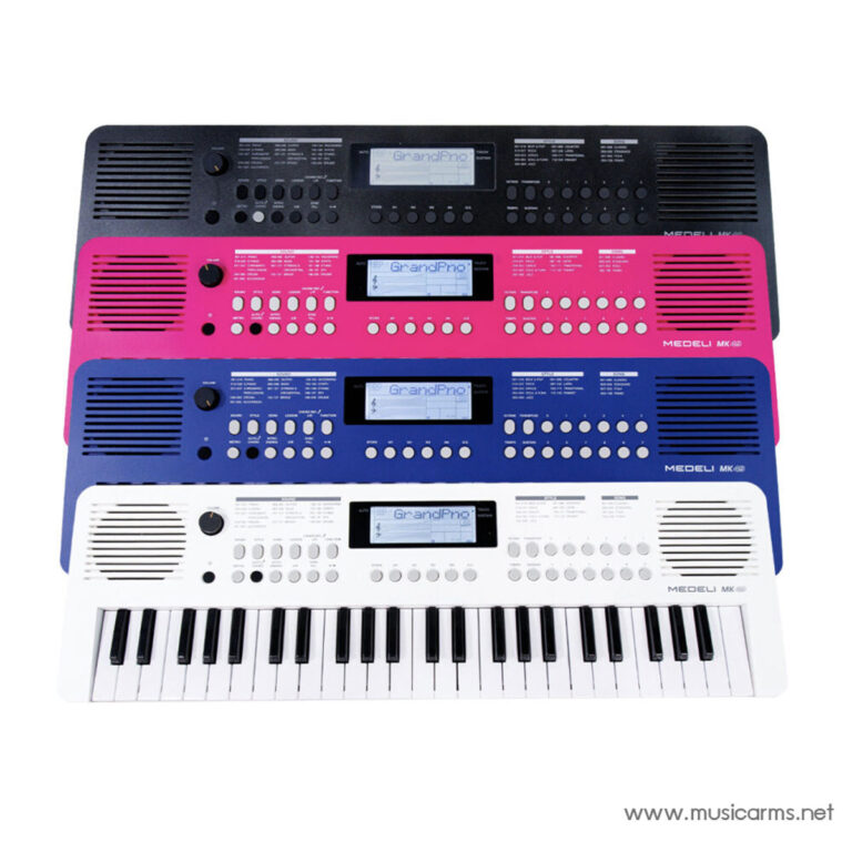 Stacked electronic keyboard consoles in black, pink, blue, and white with displays and many controls ขายราคาพิเศษ