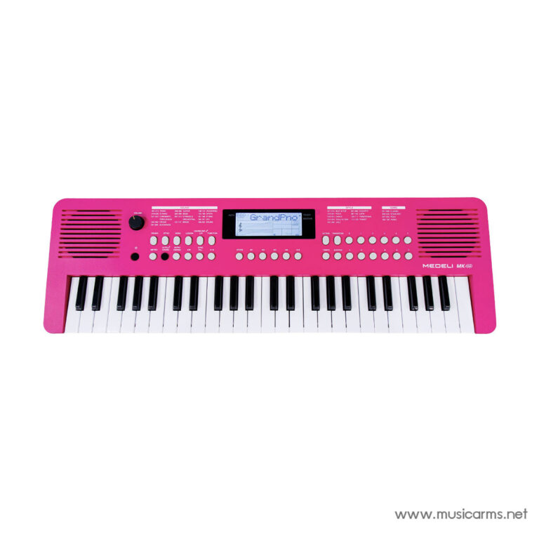 Bright pink electronic keyboard with 49 keys and multiple control buttons on a slim panel. ขายราคาพิเศษ