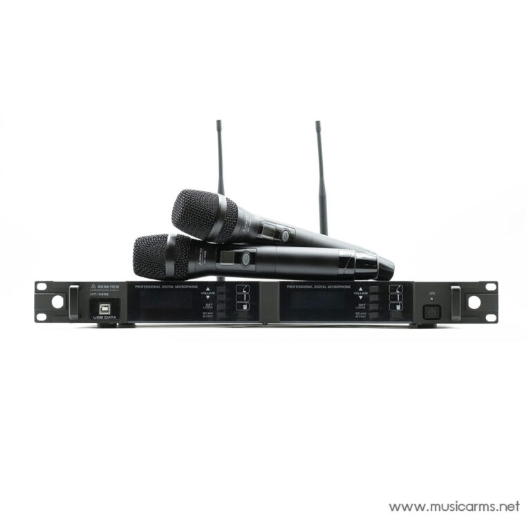 Two wireless handheld microphones resting on a dual-channel wireless microphone receiver unit. ขายราคาพิเศษ