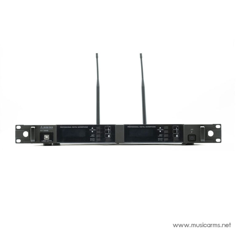 Dual-channel wireless microphone receiver with two antennas and front LCD panels on a rack-mount unit. ขายราคาพิเศษ