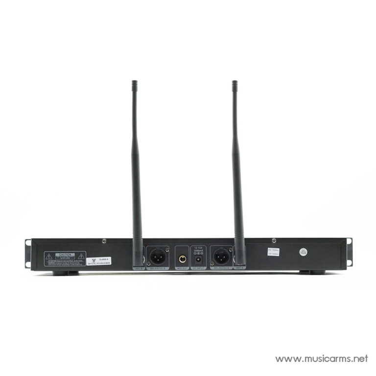 Rear view of a rack-mount wireless audio receiver with two external antennas and labeled balanced outputs and connectors ขายราคาพิเศษ