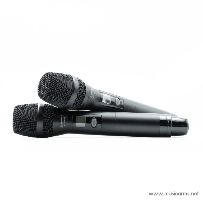 Two black wireless handheld microphones with metal mesh grilles lying parallel on a white surface. ขายราคาพิเศษ