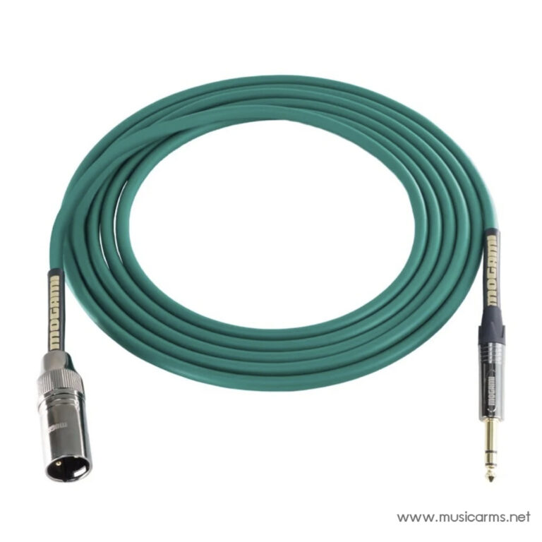 Coiled teal XLR-to-1/4 inch instrument cable with a female XLR connector on one end and a 1/4