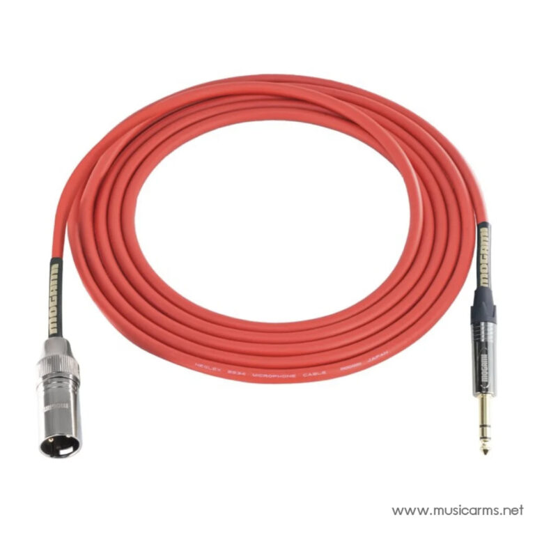Red XLR-to-1/4 inch microphone cable coiled, with connectors at both ends (XLR and 1/4