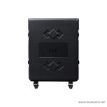 Black portable speaker cabinet on caster wheels with two diamond patterns embossed on the front and a central recessed panel. watermark www.musicarms.net in the bottom-right corner. ลดราคาพิเศษ
