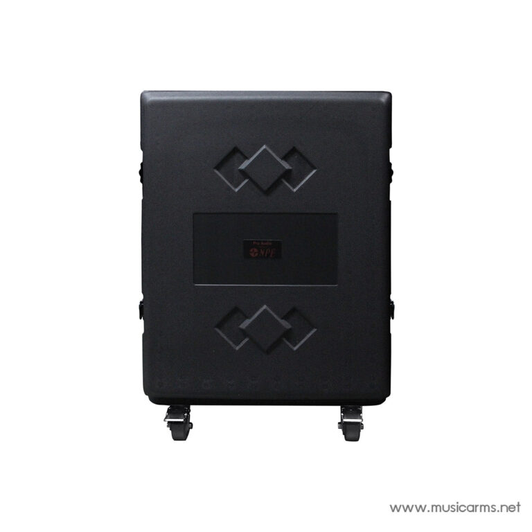 Black portable speaker cabinet on caster wheels with two diamond patterns embossed on the front and a central recessed panel. watermark www.musicarms.net in the bottom-right corner. ขายราคาพิเศษ