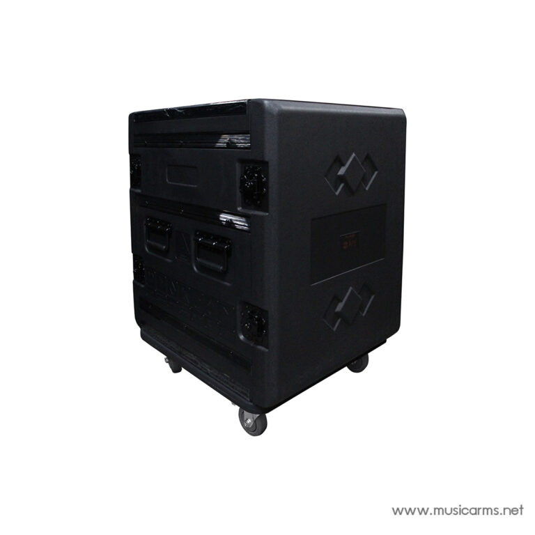 Black equipment flight case on wheels with recessed handles and latches, used for transporting audio gear. ขายราคาพิเศษ