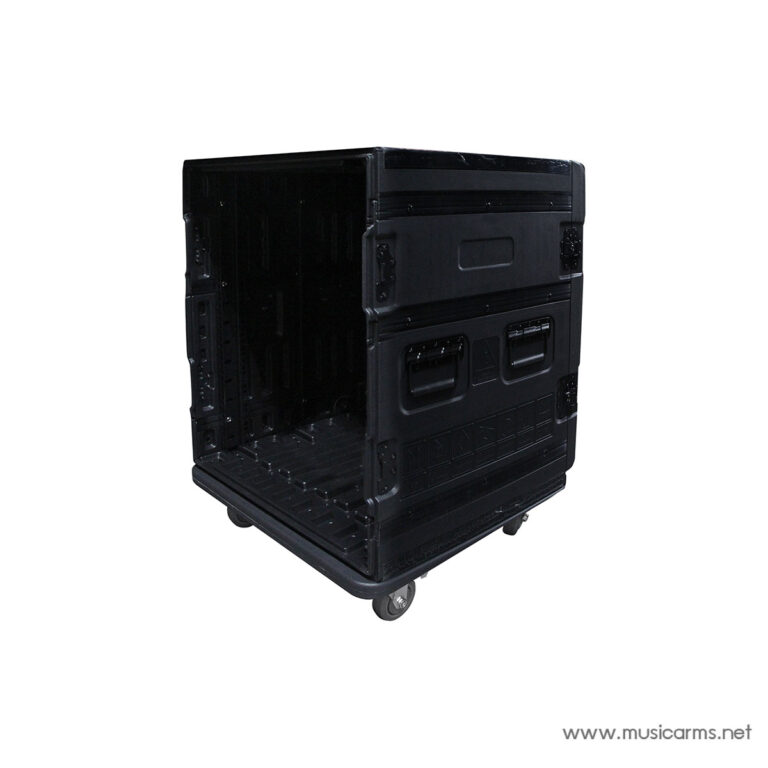 Black heavy-duty equipment road case on caster wheels, partially open with empty interior for transporting gear ขายราคาพิเศษ