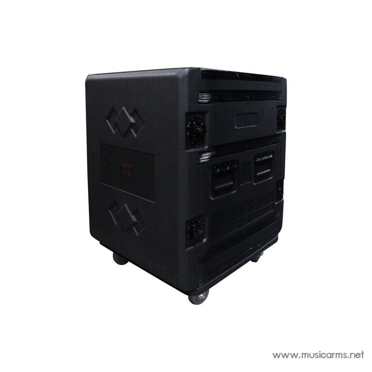 Rolling black flight case for equipment on wheels, with latches, handles, and reinforced corners, used to transport gear event-side. ขายราคาพิเศษ