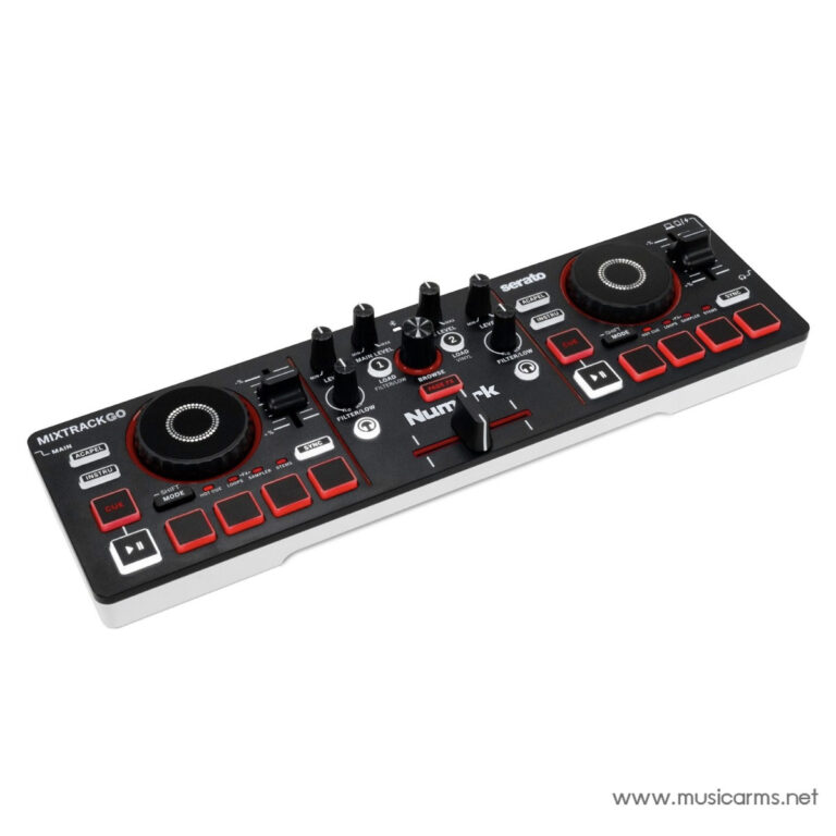 Numark Mixtrack Pro DJ controller with two jog wheels, performance pads, and mixer controls on a black chassis with red accents. ขายราคาพิเศษ