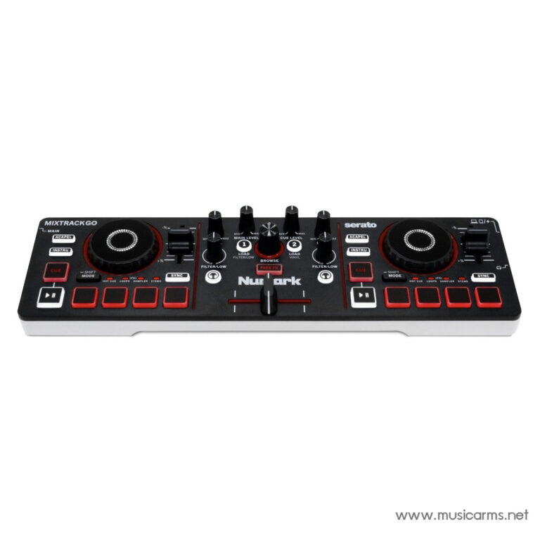 DJ controller with two large jog wheels, multiple red performance pads, knobs and faders, branded Numark Serato for digital mixing ขายราคาพิเศษ