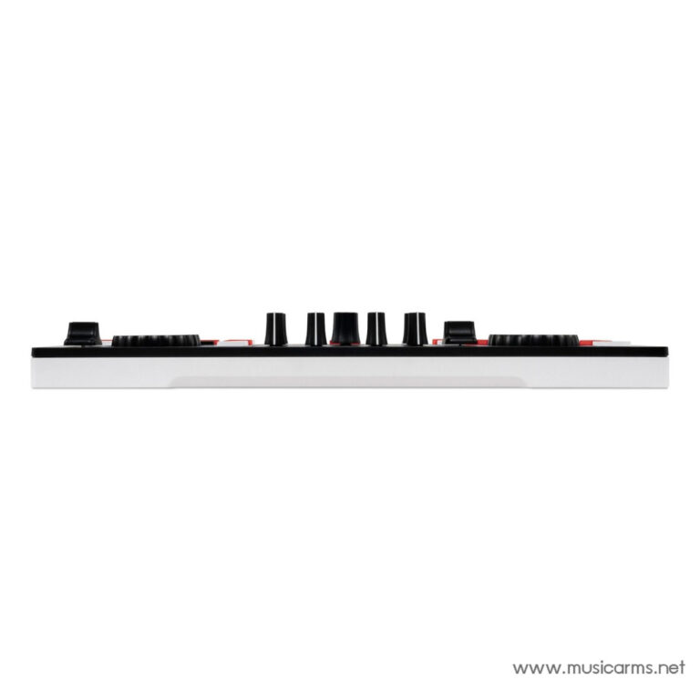 Side view of a compact MIDI keyboard/controller with several black knobs and a white chassis, photographed from the side. ขายราคาพิเศษ