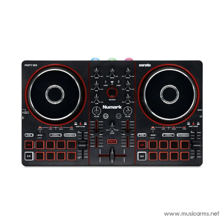 Dual‑deck Numark DJ controller with Serato branding, large red‑rimmed jog wheels, central mixer, and 16 performance pads on each side. ขายราคาพิเศษ