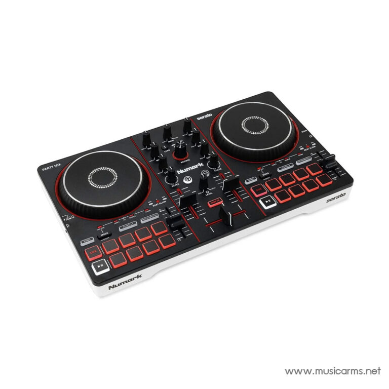 DJ controller with two large jog wheels, performance pads, and a central mixer in black with red accents, used for music mixing ขายราคาพิเศษ
