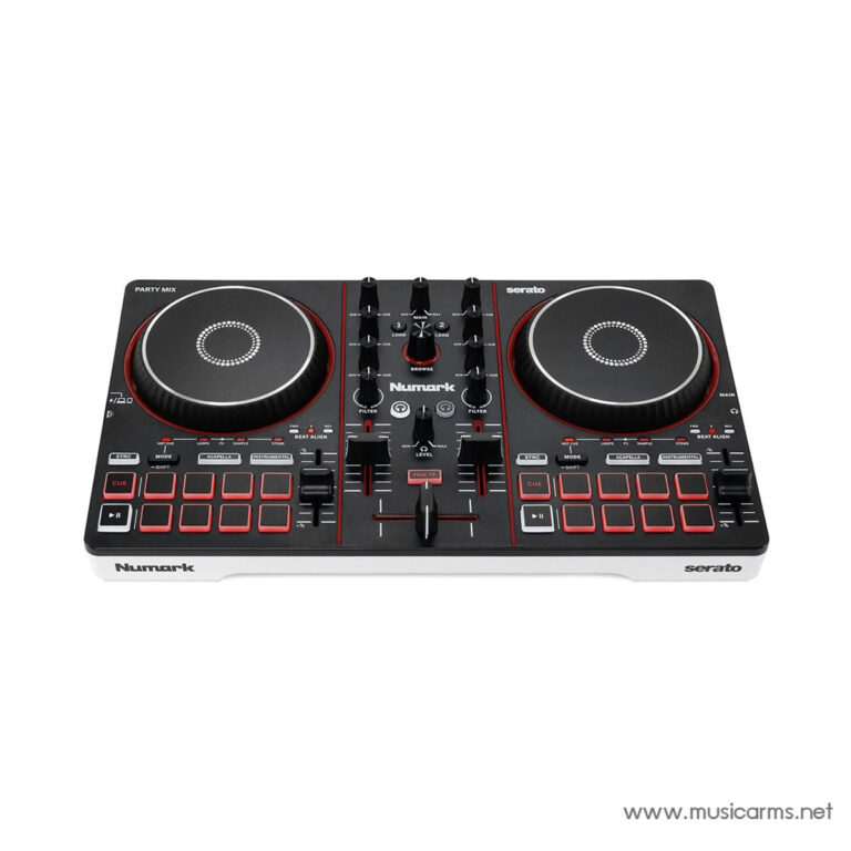 All-in-one DJ controller with two jog wheels, mixer in center, and backlit pads for mixing and scratching (Numark Serato) ขายราคาพิเศษ