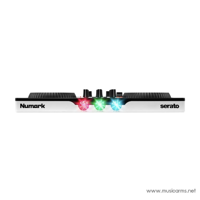 Side view of a Numark Serato DJ controller with three illuminated RGB pads (red, green, blue) and knobs in the center, logo on each end. ขายราคาพิเศษ