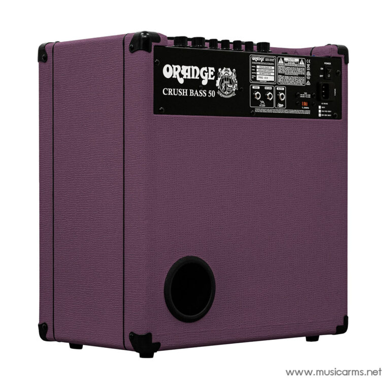 Rear view of a purple Orange Crush Bass 50 amplifier with control panel and logo visible on the back ขายราคาพิเศษ