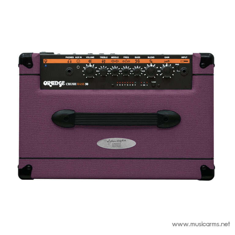 Purple Orange Crush Bass 50 amplifier with black control panel and orange stripe, handled by a black grip ขายราคาพิเศษ