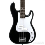 Black electric bass guitar with a white pickguard and chrome hardware on a plain background, shows four strings and control knobs nearby. ลดราคาพิเศษ