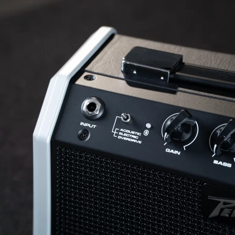 Close-up of a guitar amplifier top panel showing the 1/4 inch input jack, a small toggle switch, the 'Acoustic Electric Overdrive' label, and knobs for Gain and Bass. ขายราคาพิเศษ