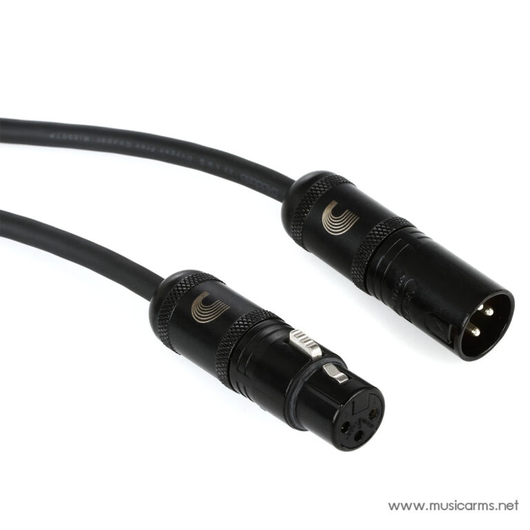 Close-up of a black XLR audio cable with male and female connectors, showing the textured grips and metal latches, against a white background. ขายราคาพิเศษ