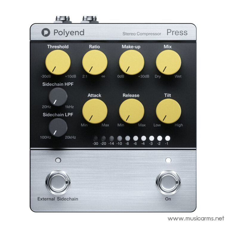 Front view of a Polyend stereo compressor with eight yellow knobs on a black panel and two metal footswitches. ขายราคาพิเศษ