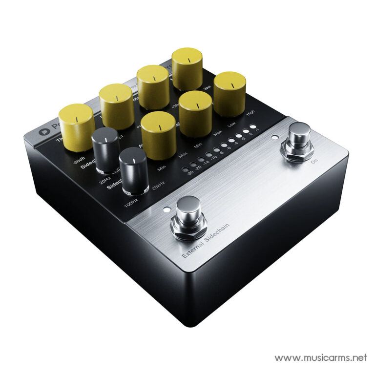 Guitar effects pedal with multiple yellow knobs and two footswitches on a brushed metal surface labeled External Sidechain. ขายราคาพิเศษ
