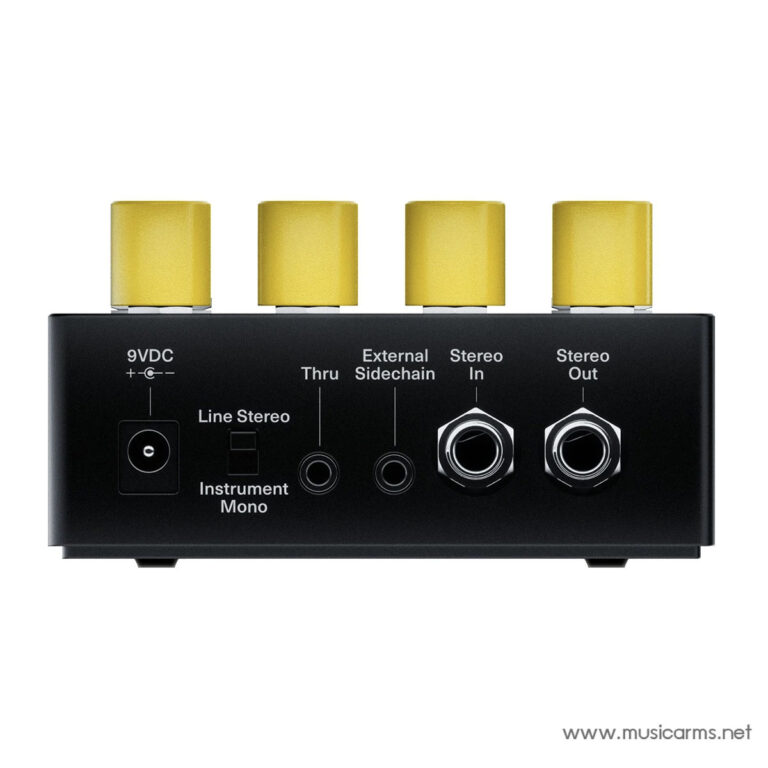 Front panel of a compact black audio interface with four yellow knobs and jacks labeled Line Stereo, Instrument Mono, Thru, External Sidechain, Stereo In, and Stereo Out. ขายราคาพิเศษ