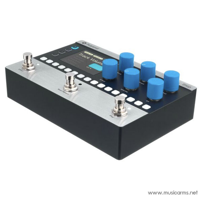 Compact MIDI controller with eight blue knobs, white buttons, and twin foot pedals on a silver panel. ขายราคาพิเศษ