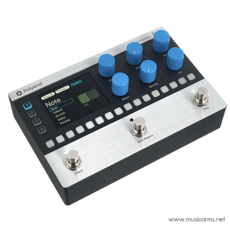 Polyend note-style hardware sequencer with a black face, blue knobs, small display, and three labeled footswitches (Effect, Next Pattern, Play). ขายราคาพิเศษ