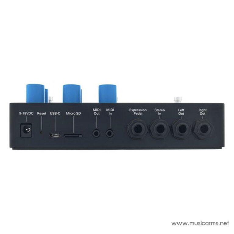 Rear panel of a compact audio interface with power jack, USB-C, Micro SD, MIDI In/Out, Expression Pedal, stereo in, and left/right outputs. ขายราคาพิเศษ