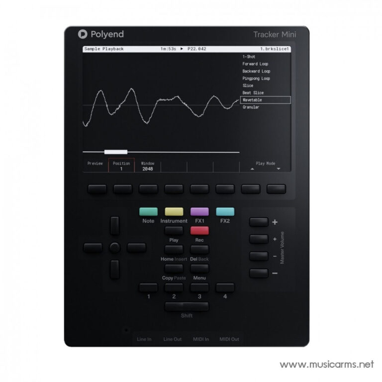 Polyend Tracker Mini handheld music workstation with a waveform display and colorful function pads below a black screen. ขายราคาพิเศษ