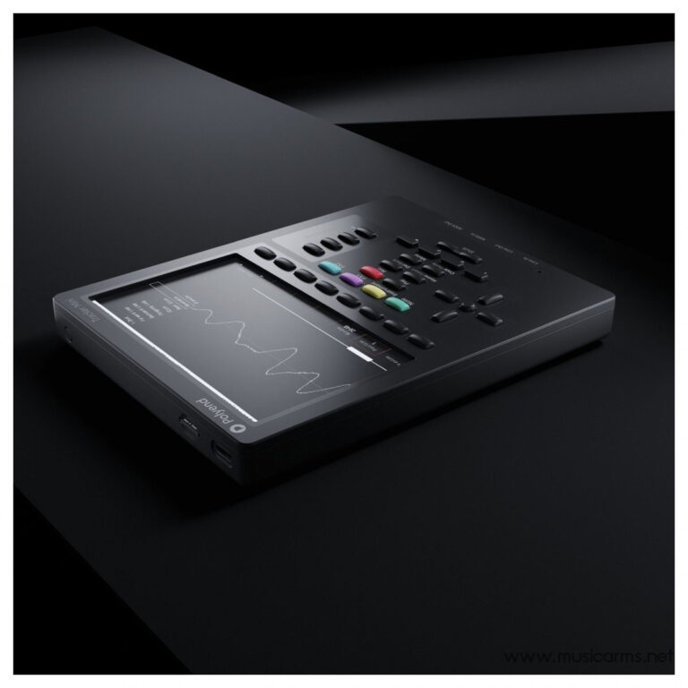 Portable music sampler with a color-coded keypad and waveform on the screen, resting on a dark surface. ขายราคาพิเศษ