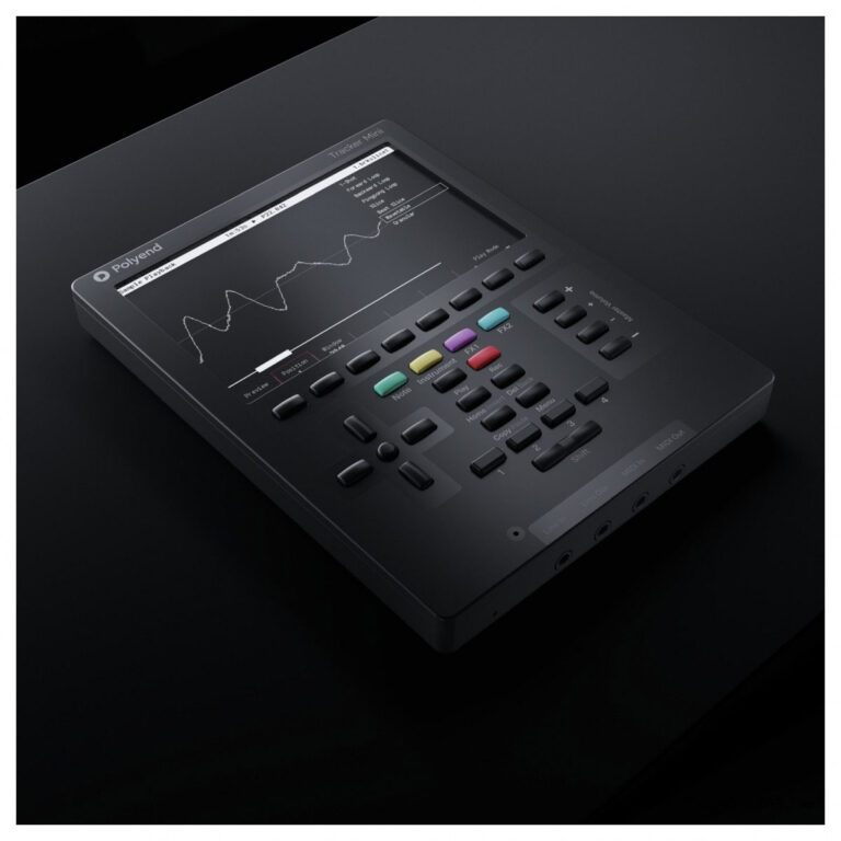 Polyend Tracker Mini handheld music sampler with a waveform display and multicolored buttons on a dark surface ขายราคาพิเศษ