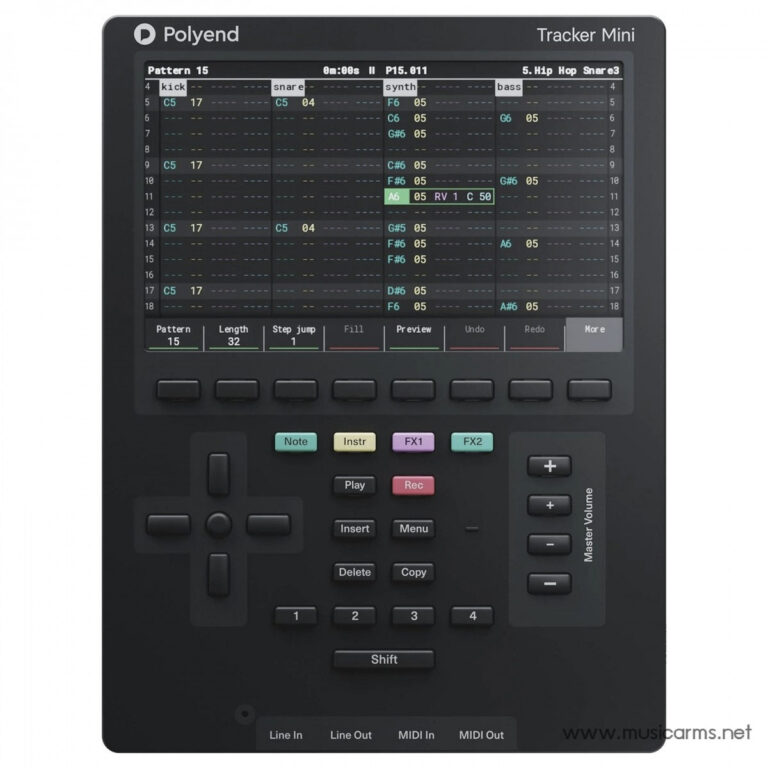 Polyend Tracker Mini handheld music sequencer with a grid-based pattern editor on the screen and labeled control buttons below. ขายราคาพิเศษ