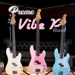 Three colorful bass guitars (cream, pink, and light blue) on a stage with a pink logo backdrop that reads 'Ville 72 Bass'. ลดราคาพิเศษ
