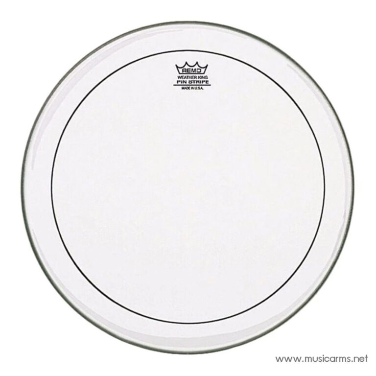 Top-down view of a white Remo Weatherking pinstripe drumhead with a black inner ring and logo near the center edge. ขายราคาพิเศษ