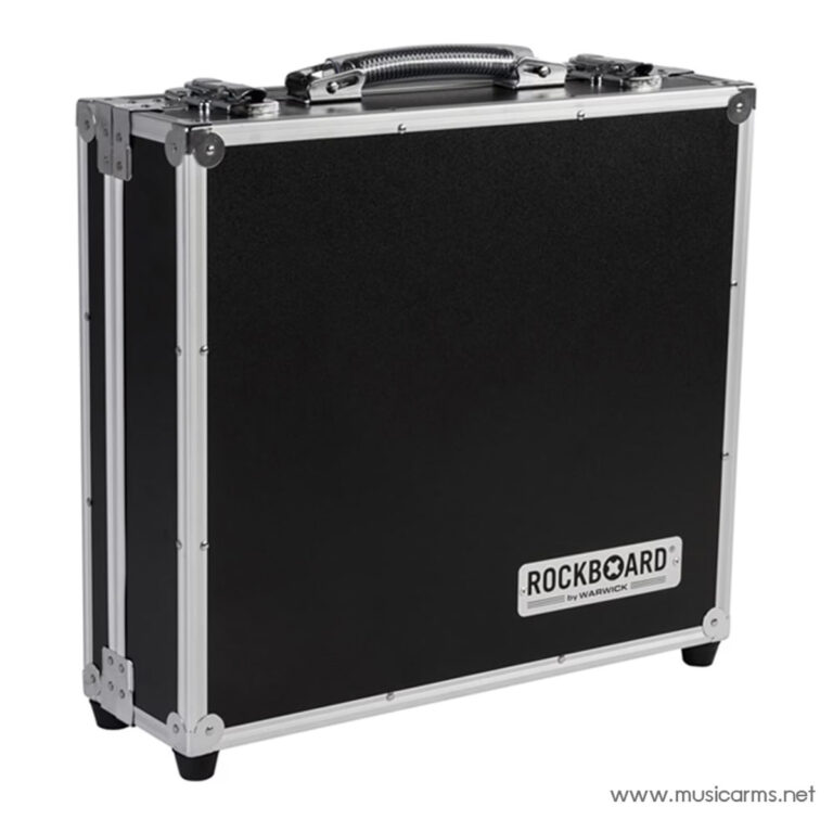 Black flight case with aluminum edges and a sturdy handle, used to transport musical gear (RockBoard by Warwick). Typical road-case for equipment transport. ขายราคาพิเศษ