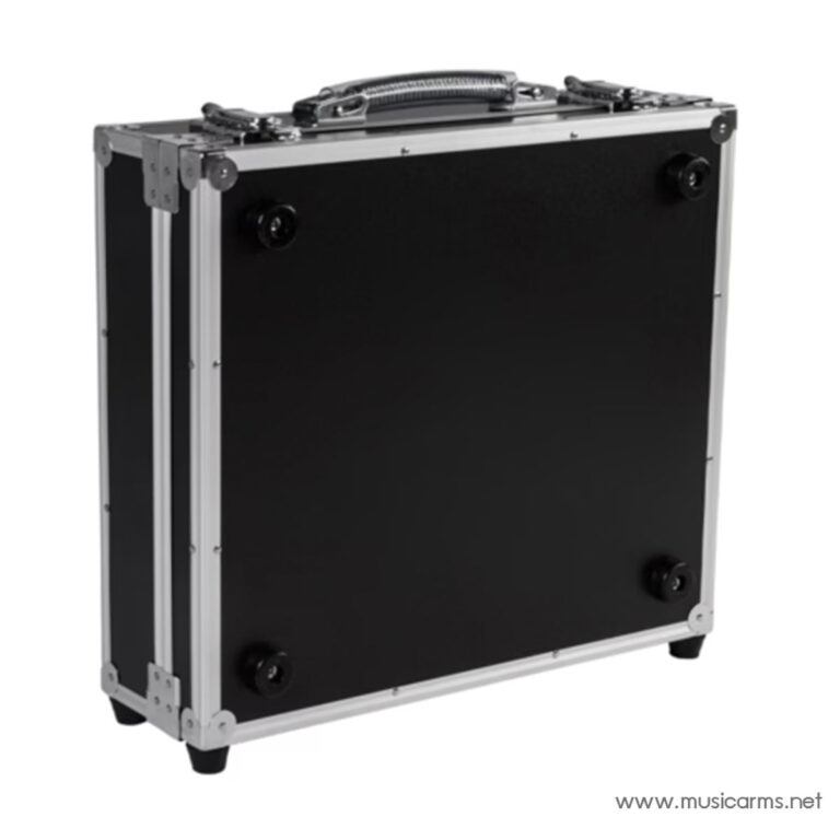 Closed black metal flight case with silver edging and latches, used to transport musical equipment ขายราคาพิเศษ